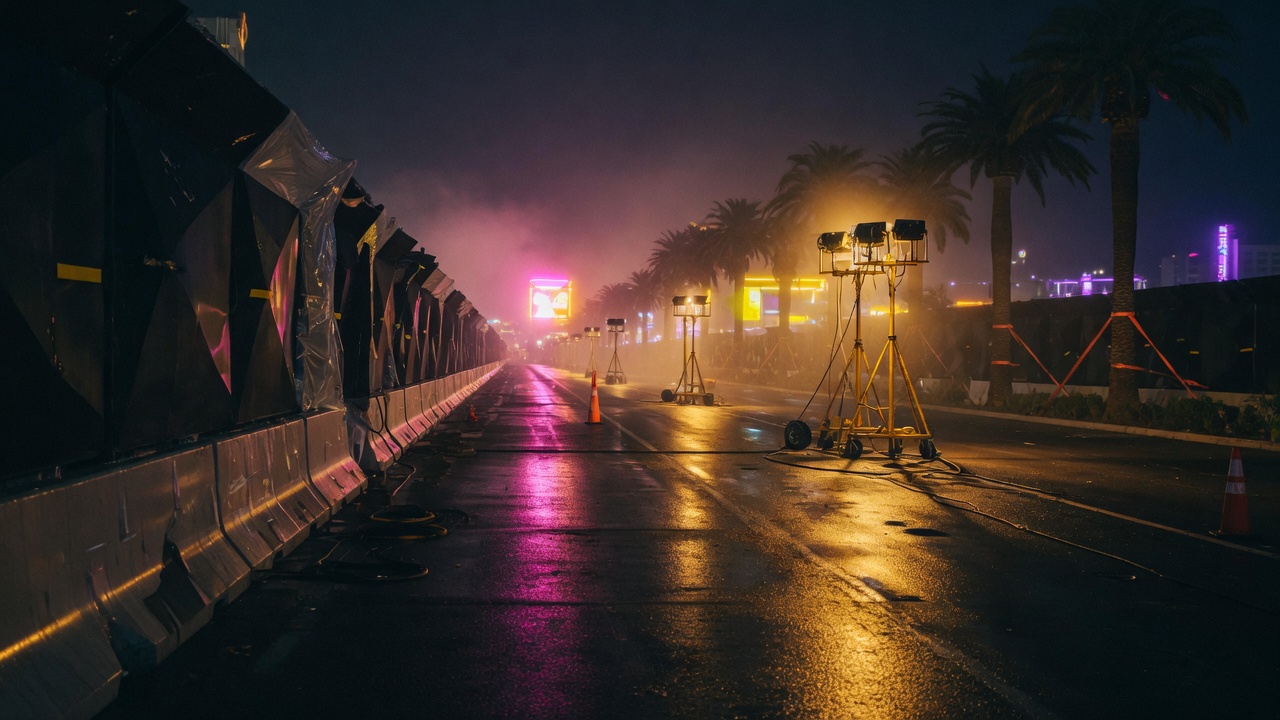 Night street corridor with temporary barriers and work lights