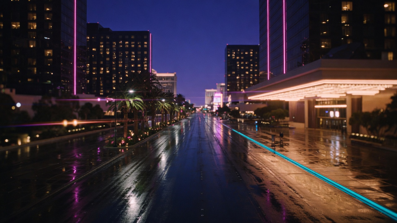Wet Las Vegas boulevard at night, empty lanes reflecting neon